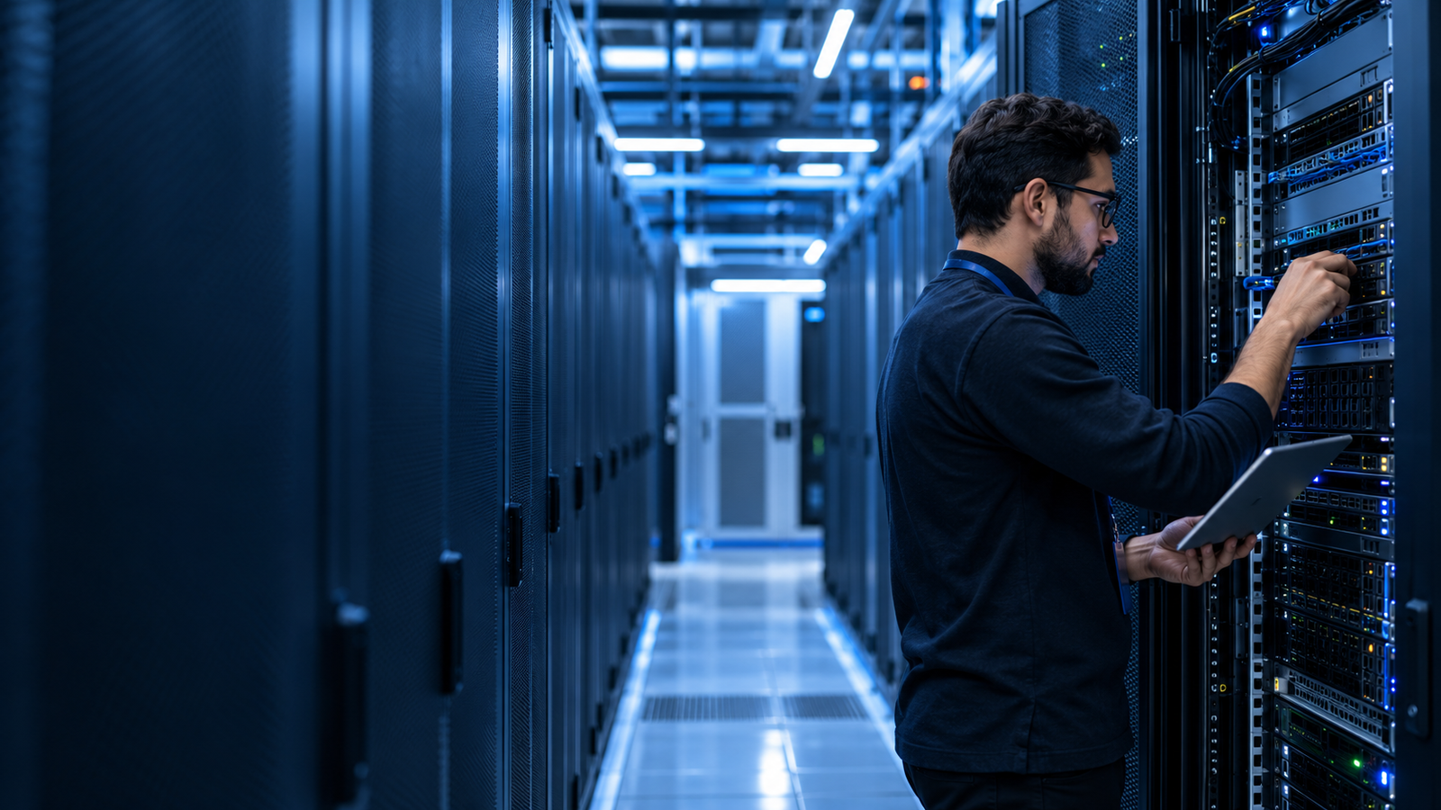 Engineer inspecting a rack server in a data center
